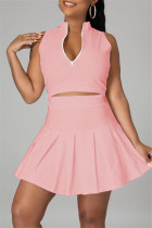 Pink Fashion Casual Solid Vests Zipper Collar Sleeveless Two Pieces
