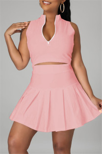 Pink Fashion Casual Solid Vests Zipper Collar Sleeveless Two Pieces
