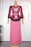 Purple Elegant Print With Belt Pleated V Neck Plus Size Two Pieces
