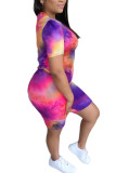 Fluorescent green Spandex Fashion Casual adult Ma'am O Neck Geometric Tie Dye Two Piece Suits Stitching Plus Size 