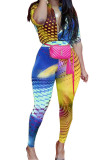 Blue Sexy Print Short Sleeve V Neck Jumpsuits