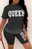 Red Fashion Casual Gradual Change Letter Print Basic O Neck Short Sleeve Two Pieces