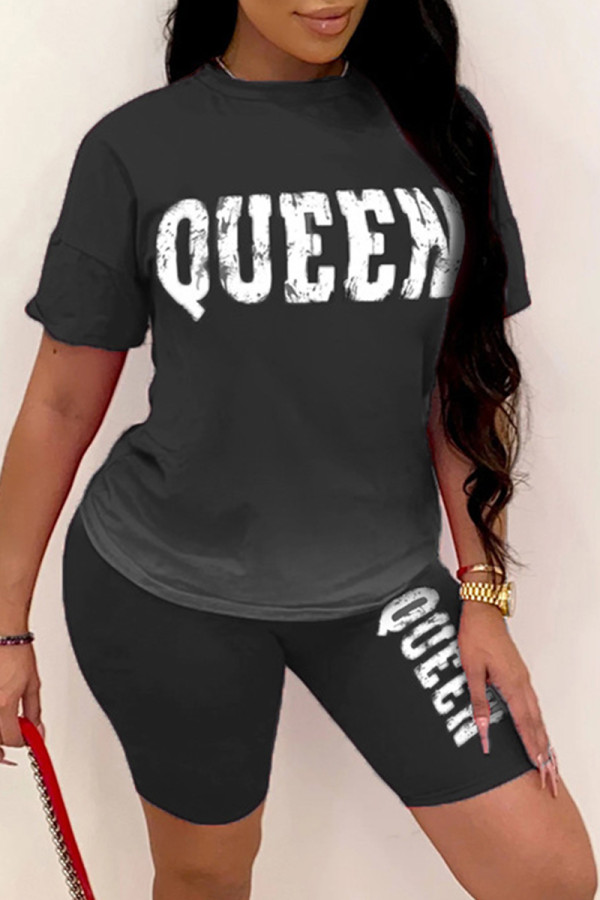 Black Fashion Casual Gradual Change Letter Print Basic O Neck Short Sleeve Two Pieces