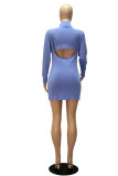Grey Sexy Solid Hollowed Out O Neck Long Sleeve Mini Pencil Skirt Dresses