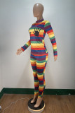 Multicolor Sexy Print O Neck Long Sleeve Two Pieces
