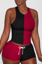 Black Red Casual Sportswear Patchwork Basic O Neck Sleeveless Two Pieces