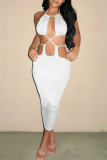 White Sexy Solid Hollowed Out Halter Pencil Skirt Dresses