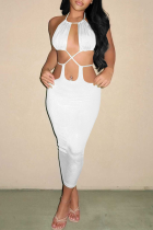 White Sexy Solid Hollowed Out Halter Pencil Skirt Dresses