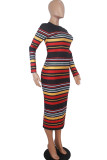 Red Casual Cap Sleeve Long Sleeves O neck Lantern skirt Mid-Calf Print Striped