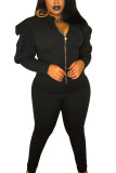 Orange Active Casual Patchwork Solid pencil Puff sleeve Two Pieces