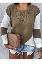 Brown O Neck Long Sleeve Patchwork Solid