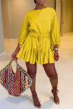 Yellow Casual Solid Patchwork O Neck Cake Skirt Dresses
