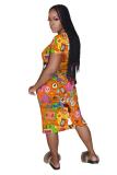 Grey Fashion adult Street White Black Grey Orange Yellow Black Green cartoon Multi-color Cap Sleeve Short Sleeves O neck A-Line Mid-Calf Print Patchwork Ombre bandage Colouring Dresses