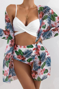 Blue Gray Sexy Print Bandage Patchwork Swimwears Three Piece