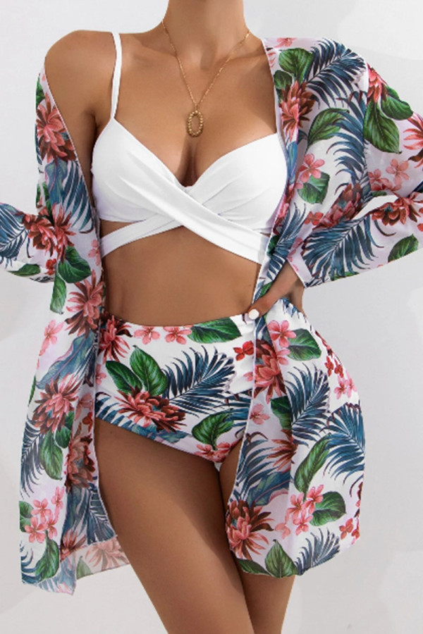 Blue Gray Sexy Print Bandage Patchwork Swimwears Three Piece