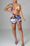 Blue Fashion Sexy Print Draw String Long Sleeve Four-piece Set