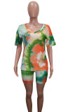 Dark Blue Fashion Sexy adult Patchwork Print Tie Dye Two Piece Suits Straight Short Sleeve Two Pieces