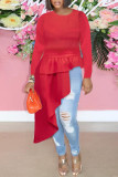 Red Fashion Casual Solid Patchwork O Neck Irregular Long Sleeve Tops