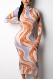 Green Sexy Milk Fiber Print O Neck Long Sleeve Ankle Length Pencil Skirt Dresses