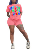 Black Fashion Casual adult Letter Patchwork Print Two Piece Suits Straight Short Sleeve Two Pieces