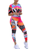 colour venetian Fashion Casual adult Ma'am Print Two Piece Suits pencil Short Sleeve Two Pieces