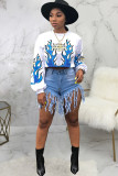 White O Neck Long Sleeve Letter Long Sleeve Tops