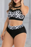 Black Sexy Print Hollowed Out O Neck Plus Size Swimwear