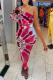 Red Sexy Patchwork Tie-dye One Shoulder Long Sleeve Two Pieces