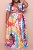 Blue Casual Print Bandage Patchwork V Neck Pleated Plus Size Two Pieces