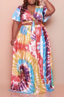 Pink Casual Print Bandage Patchwork V Neck Pleated Plus Size Two Pieces