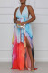 Red Fashion Sexy Print Backless Slit Spaghetti Strap Sleeveless Dress