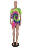 Green Fashion Cap Sleeve 3/4 Length Sleeves O neck Step Skirt Mini Rainbow Paisley asymmetrical
