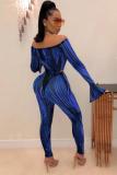 Blue Sexy Fashion adult Patchwork Two Piece Suits Striped Print pencil Long Sleeve