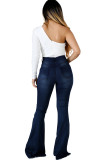 Dark Blue Denim Zipper Fly Button Fly High Pocket washing Hole Solid Zippered Boot Cut Pants 
