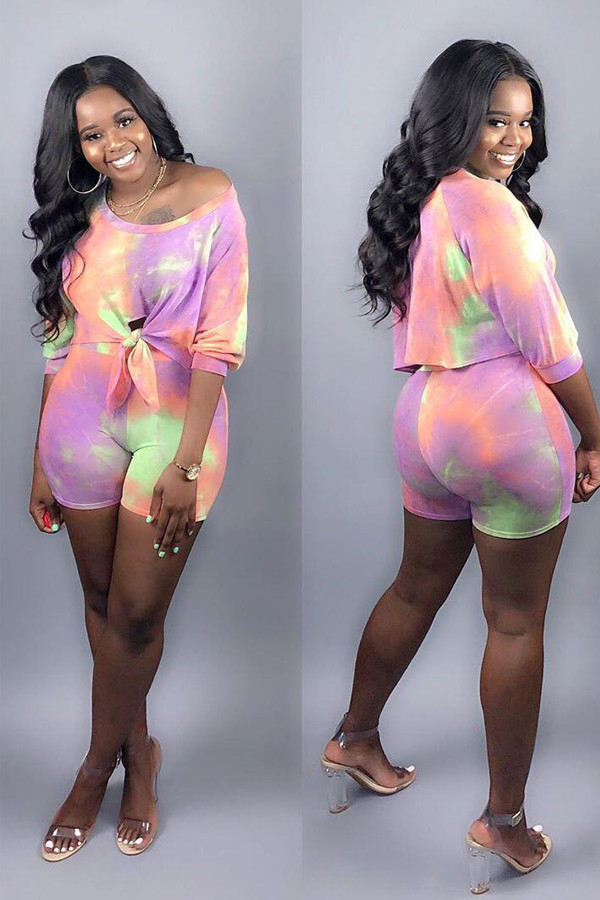 purple Casual Fashion Two Piece Suits asymmetrical Tie Dye crop top Regular