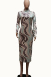 Green Sexy Milk Fiber Print O Neck Long Sleeve Ankle Length Pencil Skirt Dresses