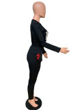 Red British Style Print Embroidered Sequins O Neck Long Sleeve Two Pieces
