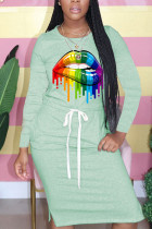 Light Green Fashion Casual Print Patchwork Draw String O Neck Printed Dresses