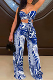 Blue Fashion Sexy Print Backless Strapless Sleeveless Two Pieces