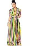 Blue Casual Fashion Cap Sleeve Half Sleeves Turndown Collar Straight Ankle-Length fastener Argy