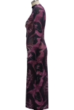 Purplish Red Sexy Print Patchwork Zipper Collar Pencil Skirt Dresses