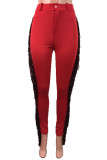 Wine Red Street Solid Tassel Regular Bottoms