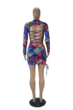 Colour Sexy Print Bandage O Neck Wrapped Skirt Dresses