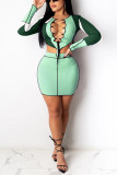 Green Fashion Sexy Patchwork Hollowed Out O Neck Long Sleeve Two Pieces