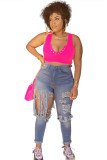 Light Blue Denim Zipper Fly Mid Hole pencil Pants Pants