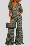 Pink Fashion Casual Print Basic V Neck Regular Jumpsuits