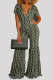 Green Fashion Casual Print Basic V Neck Regular Jumpsuits