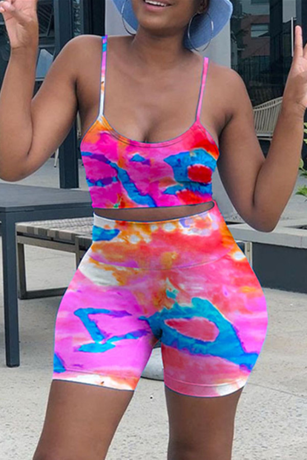 Colour Fashion Sexy Print Tie Dye Backless O Neck Sleeveless Two Pieces