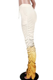 Yellow Elastic Fly Drawstring Mid Gradient Draped bandage Boot Cut Pants