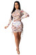 White Fashion adult Sexy Cap Sleeve Long Sleeves O neck Lantern skirt Mini Patchwork Mesh Print